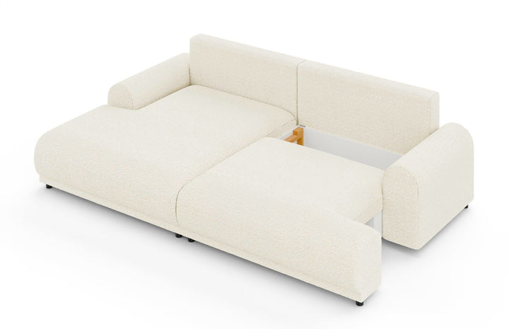 Ecksofa mit Schlaffunktion, Bettkasten, extrabreite Ottomane links, Bouclé Beige Creme / 21028