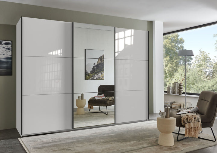 Schwebetürenschrank Kleiderschrank 3-türig B300/H216/T65 cm in Weiß mit Glasfront und Spiegel inkl. Vollausstattung