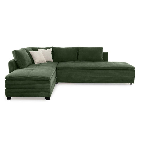 ECKSOFA-DAUERSCHLÄFER Doppelbett Boxspring Federkern Topper, seitenverkehrt montierbar 306/223/95 cm, Cord Grün / 15164
