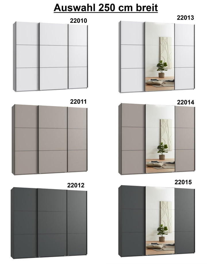 Schwebetürenschrank Kleiderschrank 3-türig B250/H216/T65 cm inkl. Vollausstattung in Sand Grau mit Spiegel