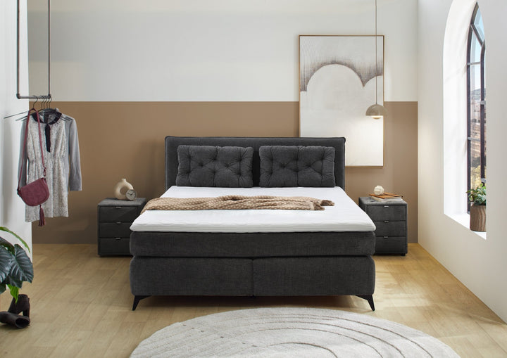 Boxspringbett 180x200 cm mit Bonell-Wende-Federkernmatratzen H2/H3, Bonell-Federkernpolsterung, PU-Schaum-Topper, 2 Kissen, Chenille Anthrazit