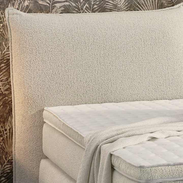 Boxspringbett 180x200 cm, Kopfteil mit Keder, 7-Zonen-Tonnentaschen-Federkernmatratzen H4, Topper, Bonell-Federkern, Flachgewebe Beige Grau