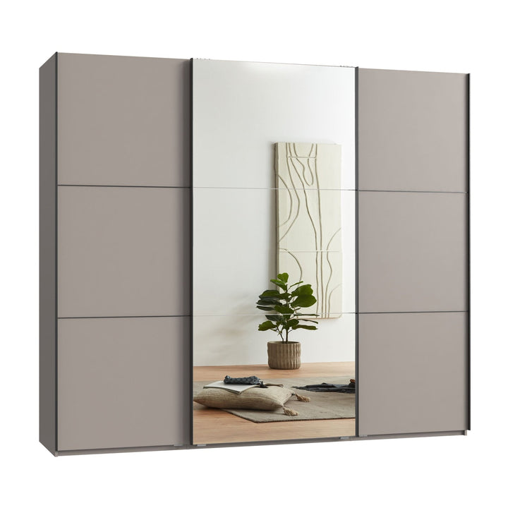 Schwebetürenschrank Kleiderschrank 3-türig B250/H216/T65 cm inkl. Vollausstattung in Sand Grau mit Spiegel