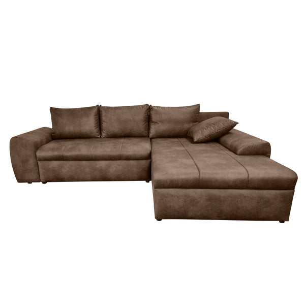 ECKSOFA mit Schlaffunktion, Bettkasten, Wellenunterfederung, Ottomane rechts 266/186/90 cm, Mikrofaser Leder-Optik Vintage Braun / 18011
