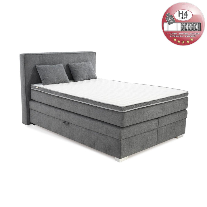 Boxspringbett 140x200 cm, 7-Zonen-Tonnentaschen-Federkernmatratze H4, Topper, Bonell-Federkern, 2 große Bettkästen, Chenille Grau