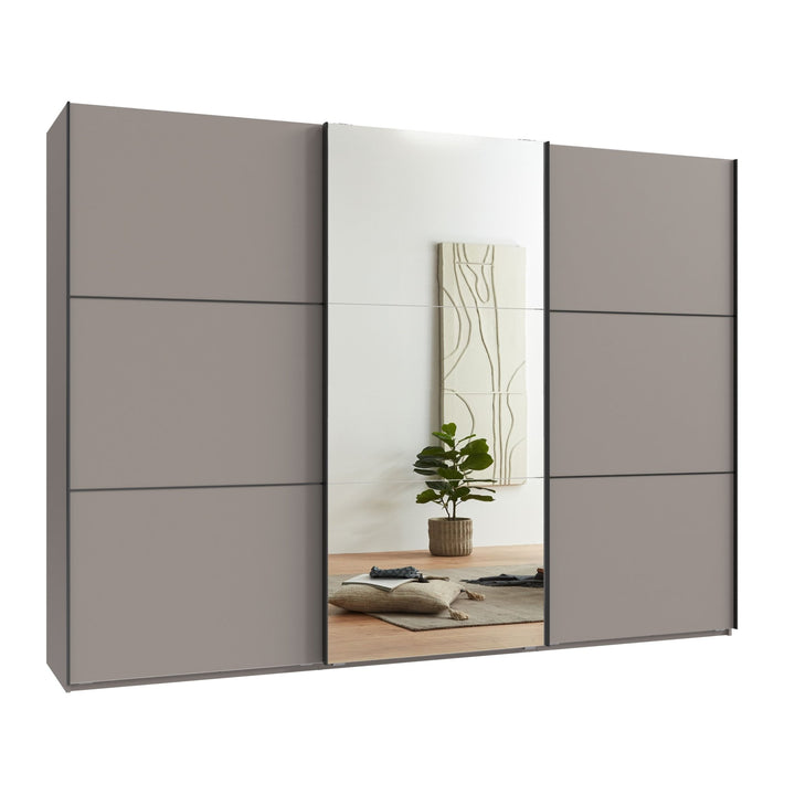 Schwebetürenschrank Kleiderschrank 3-türig Breite 300 cm inkl. Vollausstattung in Sand Grau mit Spiegel