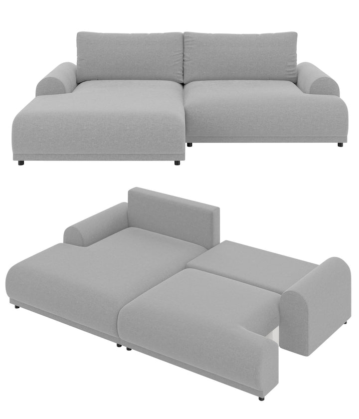 Ecksofa mit Schlaffunktion, Bettkasten, extrabreite Ottomane links, Chenille Hellgrau / 21026