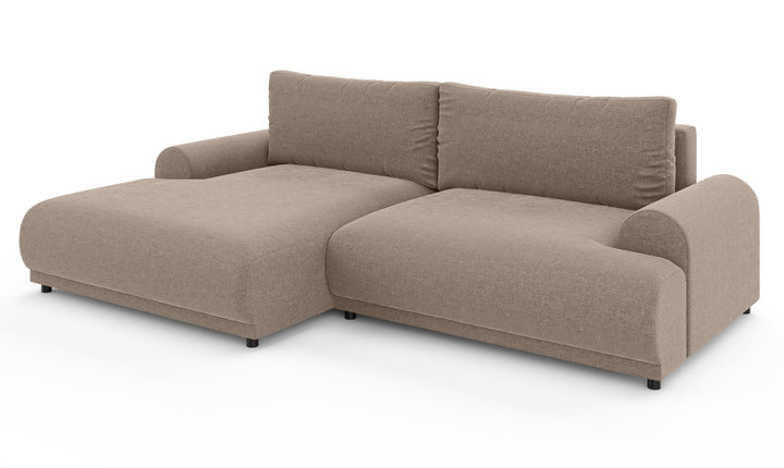 Ecksofa mit Schlaffunktion, Bettkasten, extrabreite Ottomane links, Chenille Hellbraun / 21022