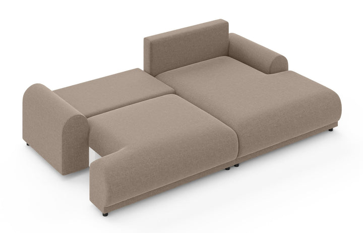 Ecksofa mit Schlaffunktion, Bettkasten, extrabreite Ottomane rechts, Chenille Hellbraun / 21021