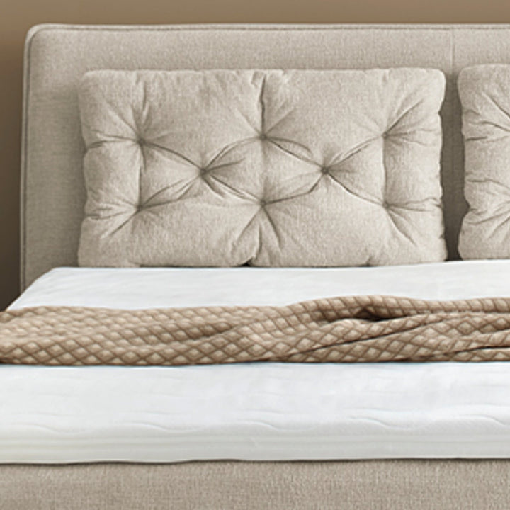Boxspringbett 180x200 cm mit Bonell-Wende-Federkernmatratzen H2/H3, Bonell-Federkernpolsterung, PU-Schaum-Topper, 2 Kissen, Chenille Beige