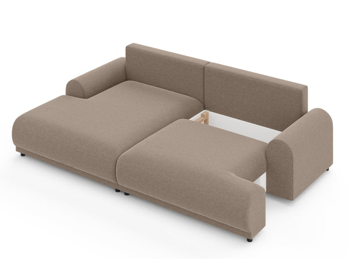 Ecksofa mit Schlaffunktion, Bettkasten, extrabreite Ottomane links, Chenille Hellbraun / 21022