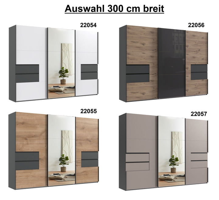 Schwebetürenschrank Kleiderschrank B300/H216/T65 cm, Korpus+Schubladen Grafit, Türen Weiß / Spiegel, inkl. Vollausstattung