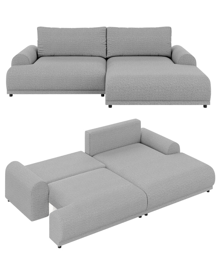Ecksofa mit Schlaffunktion, Bettkasten, extrabreite Ottomane rechts, Bouclé Grau / 21029