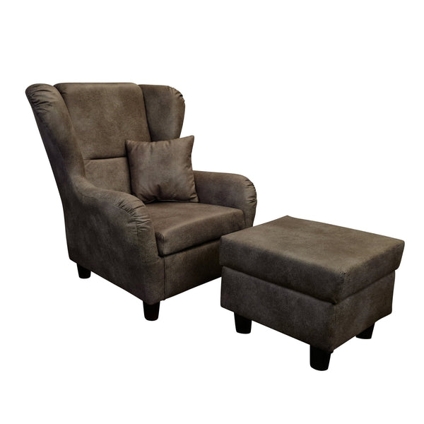 OHRENSESSEL mit HOCKER, hoher Sitzkomfort durch Wellenunterfederung B90/H98/T76 cm, Mikrofaser Leder-Optik Vintage Braun / 18005