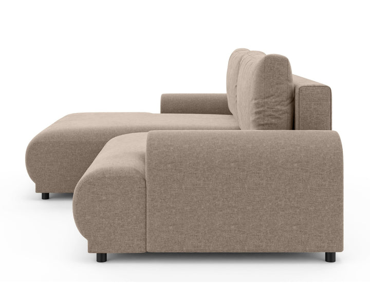 Ecksofa mit Schlaffunktion, Bettkasten, extrabreite Ottomane links, Chenille Hellbraun / 21022