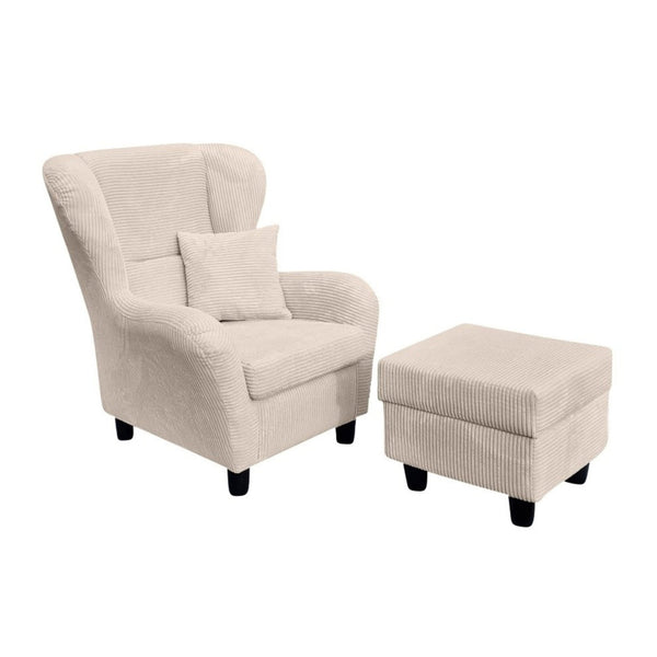OHRENSESSEL mit HOCKER, hoher Sitzkomfort durch Wellenunterfederung B90/H98/T76 cm, Cord Beige Creme / 18017