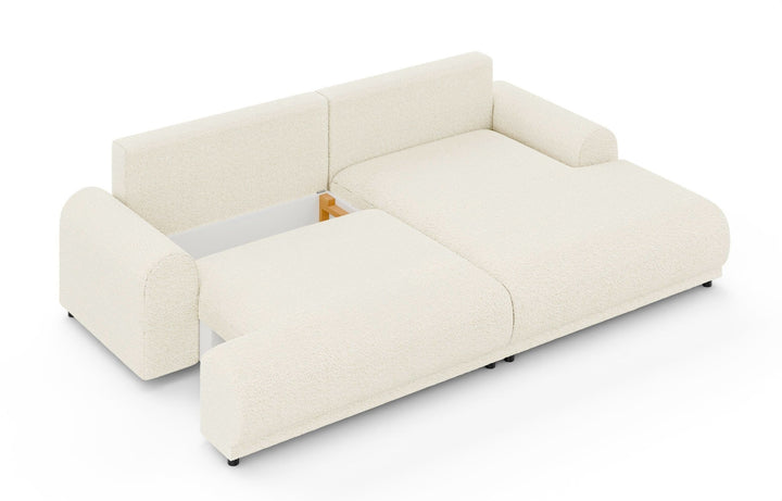 Ecksofa mit Schlaffunktion, Bettkasten, extrabreite Ottomane rechts, Bouclé Beige Creme / 21027
