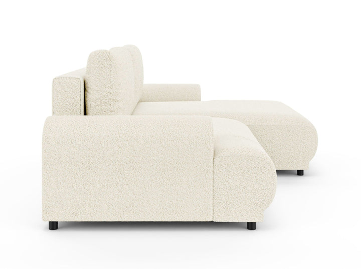 Ecksofa mit Schlaffunktion, Bettkasten, extrabreite Ottomane rechts, Bouclé Beige Creme / 21027