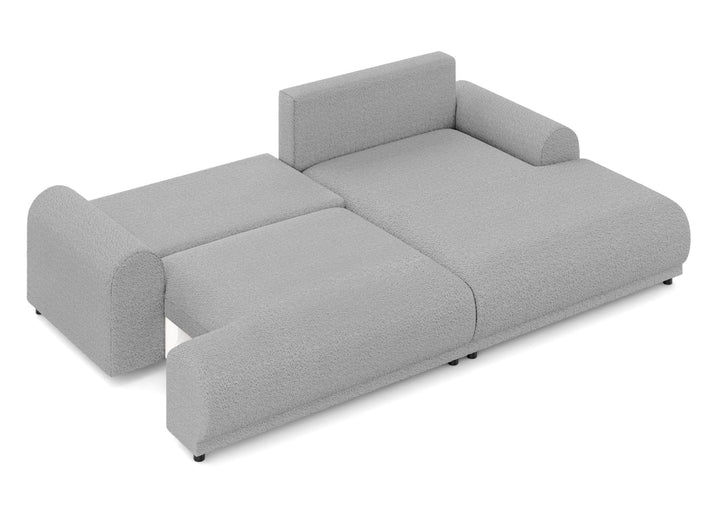 Ecksofa mit Schlaffunktion, Bettkasten, extrabreite Ottomane rechts, Bouclé Grau / 21029