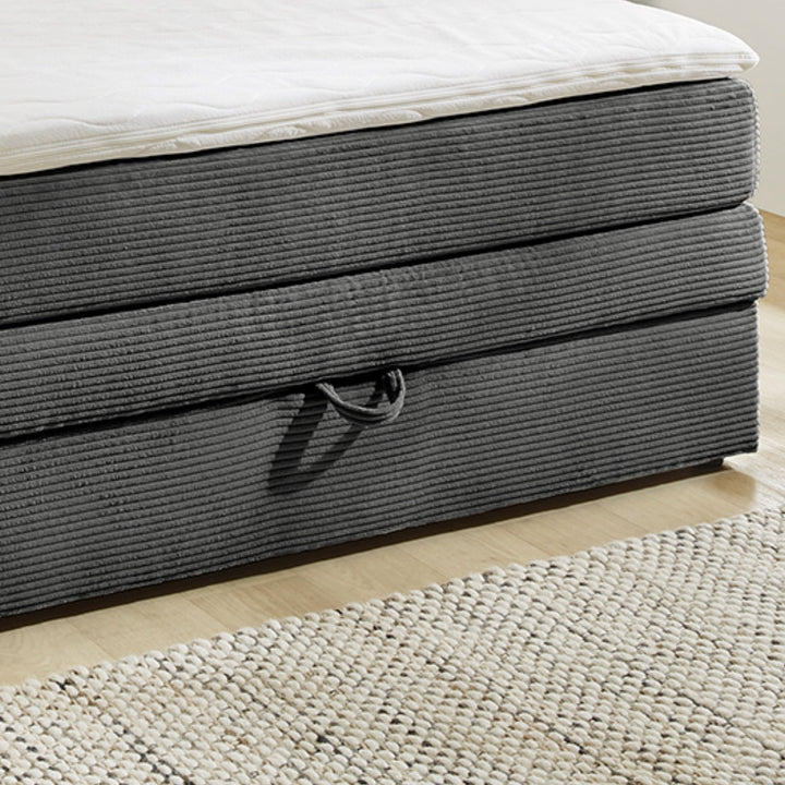 Boxspringbett 140x200 cm, 7-Zonen-Tonnentaschen-Federkernmatratze H3, Topper, Bonell-Federkern, großer Bettkasten, Cord Grau Anthrazit