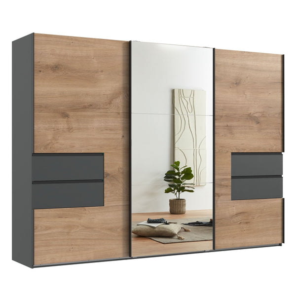 SCHWEBETÜRENSCHRANK B300/H216/T65 cm, Korpus+Schubladen Grafit, Türen eichefarben / Spiegel, inkl. Vollausstattung / 22055