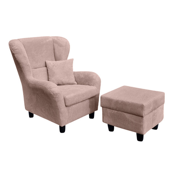 Ohrensessel mit Hocker im modernem Landhausstil, Lesesessel mit hohem Sitzkomfort durch Wellenunterfederung, bequemer Polstersessel in Cord Rosa