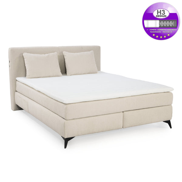 Boxspringbett 160x200 cm, 7-Zonen-Tonnentaschen-Federkernmatratzen H3, Topper, Bonell-Federkern, Beleuchtung, USB-Ladeports, Chenille Beige