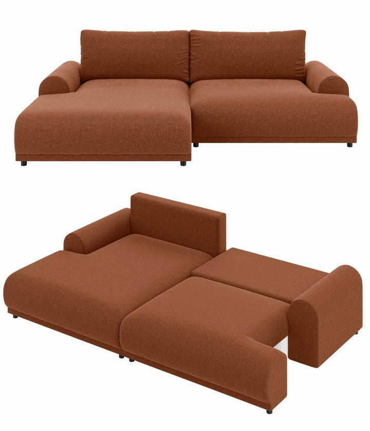 Ecksofa mit Schlaffunktion, Bettkasten, extrabreite Ottomane links, Chenille Terracotta / 21024