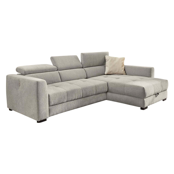 ECKSOFA mit elektrischer Sitztiefenverstellung, Kopflehnen verstellbar, USB-Ladefunktion, Bettkasten 300/196/103 cm, Chenille Grau / 15408