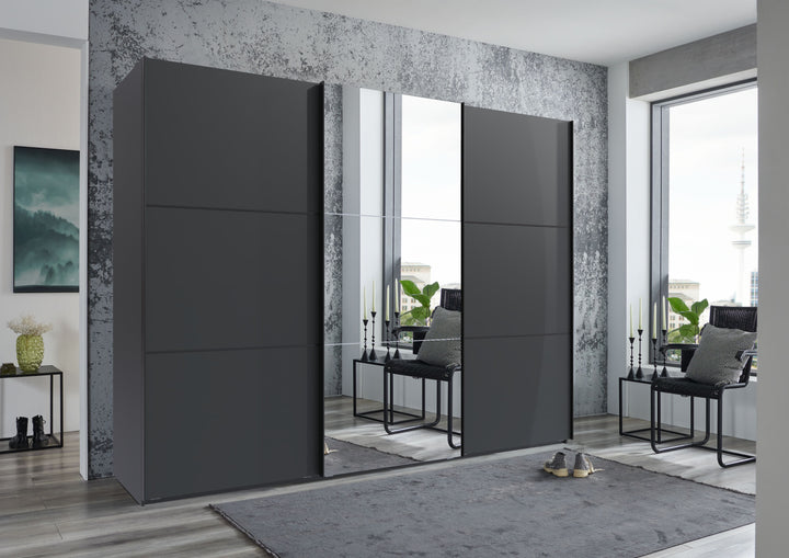 Schwebetürenschrank Kleiderschrank 3-türig B300/H216/T65 cm inkl. Vollausstattung in Anthrazit mit Spiegel