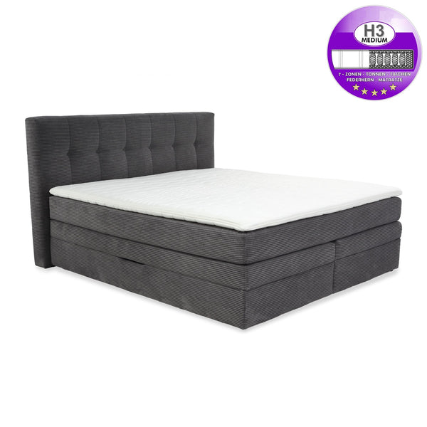 BOXSPRINGBETT 180x200 cm, 7-Zonen-Tonnentaschen-Federkernmatratzen H3, Topper, Bonell-Federkern, 2 Bettkästen, Cord Grau Anthrazit / 20038