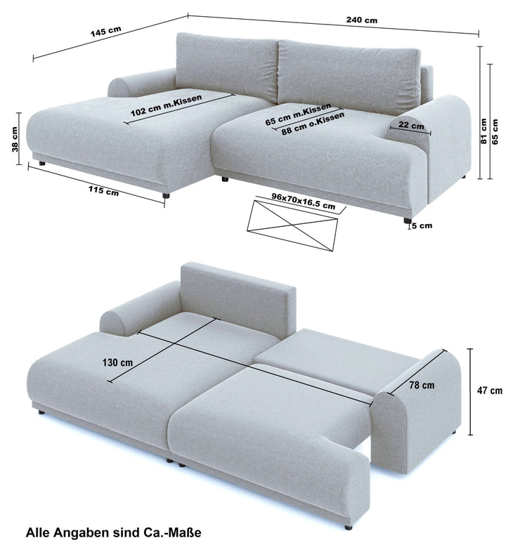 Ecksofa mit Schlaffunktion, Bettkasten, extrabreite Ottomane links, Bouclé Grau / 21030