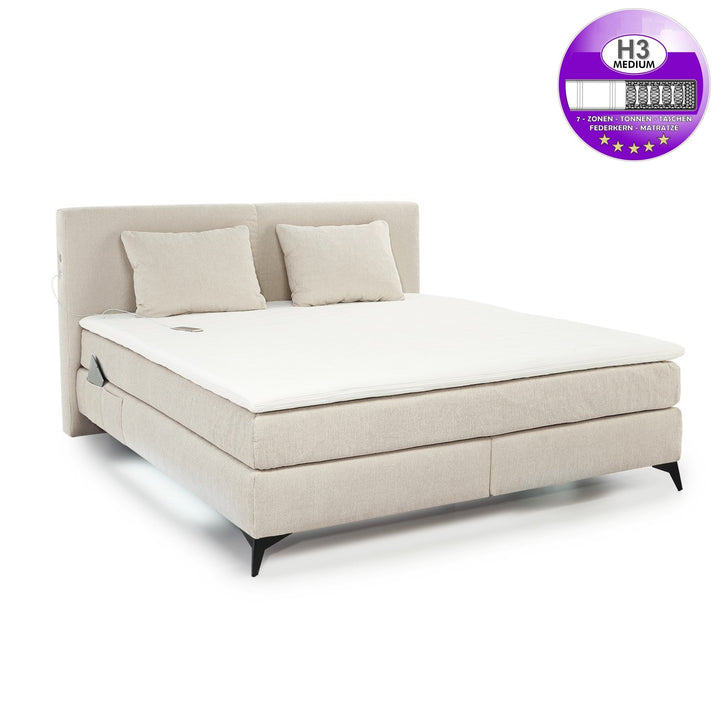 Boxspringbett 180x200 cm, 7-Zonen-Tonnentaschen-Federkernmatratzen H3, Topper, Bonell-Federkern, Beleuchtung, USB-Ladeports, Chenille Beige