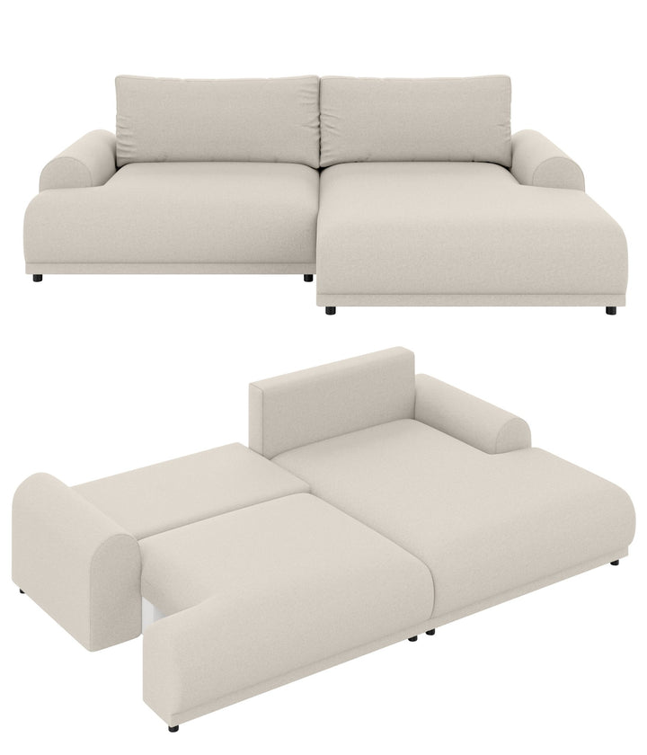 Ecksofa mit Schlaffunktion, Bettkasten, extrabreite Ottomane rechts, Strukturstoff Beige / 21031