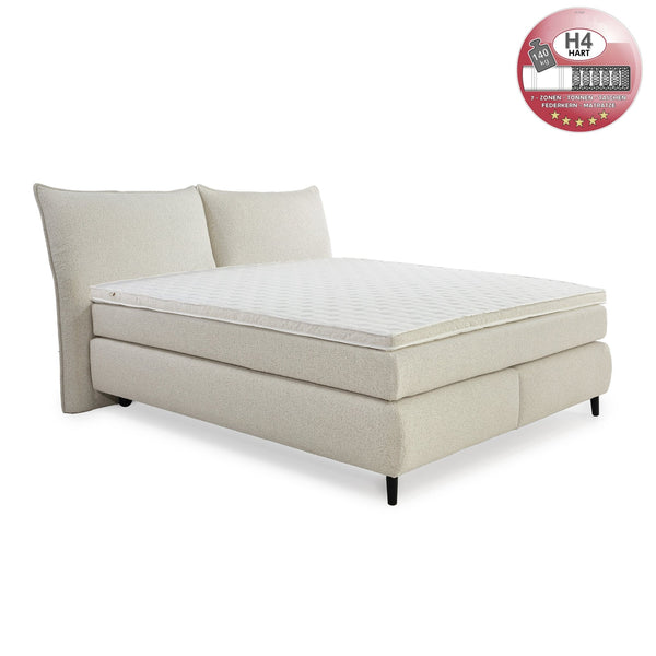 Boxspringbett 180x200 cm, Kopfteil mit Keder, 7-Zonen-Tonnentaschen-Federkernmatratzen H4, Topper, Bonell-Federkern, Flachgewebe Beige Grau