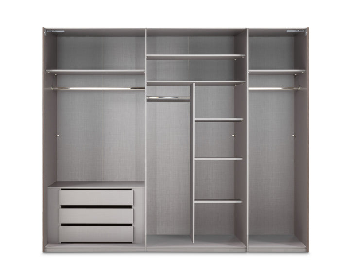 Schwebetürenschrank Kleiderschrank 3-türig B250/H216/T65 cm inkl. Vollausstattung in Sand Grau mit Spiegel