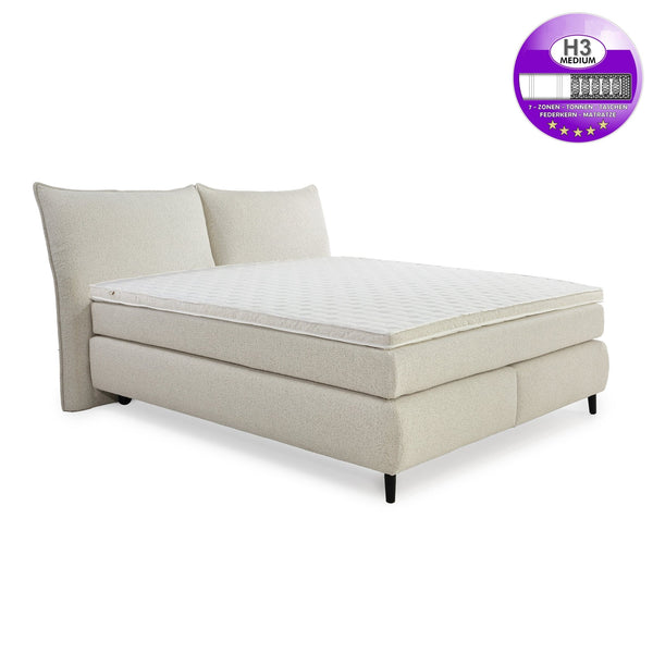 Boxspringbett 180x200 cm, Kopfteil mit Keder, 7-Zonen-Tonnentaschen-Federkernmatratzen H3, Topper, Bonell-Federkern, Flachgewebe Beige Grau