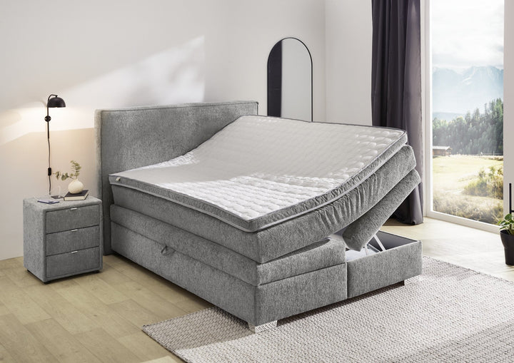 Boxspringbett 140x200 cm, 7-Zonen-Tonnentaschen-Federkernmatratze H4, Topper, Bonell-Federkern, 2 große Bettkästen, Chenille Grau
