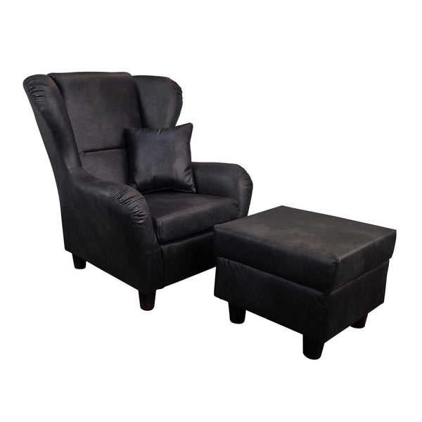 Ohrensessel mit Hocker im modernem Landhausstil, Lesesessel mit hohem Sitzkomfort durch Wellenunterfederung mit Mikrofaserstoff im Vintage Look in Schwarz