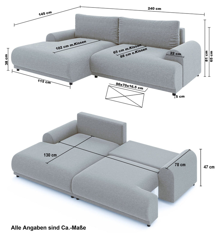 Ecksofa mit Schlaffunktion, Bettkasten, extrabreite Ottomane links, Chenille Terracotta / 21024