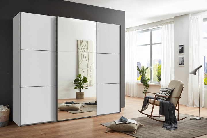 Schwebetürenschrank Kleiderschrank 3-türig B250/H216/T65 cm inkl. Vollausstattung in Weiß mit Spiegel