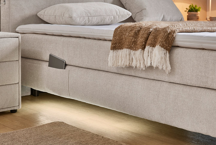 Boxspringbett 160x00 cm, 7-Zonen-Tonnentaschen-Federkernmatratzen H4, Topper, Bonell-Federkern, Beleuchtung, USB-Ladeports, Chenille Beige