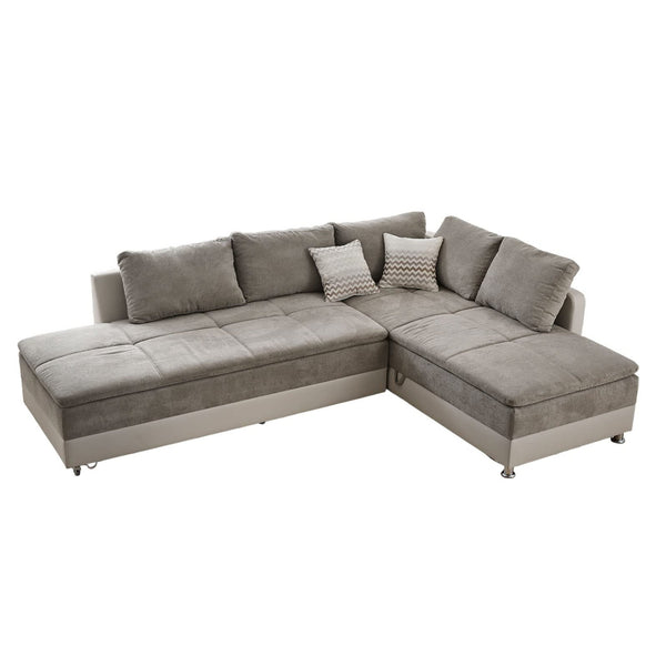 Ecksofa-Dauerschläfer Doppelbett Boxspring 7-Zonen-Tonnentaschenfederkern Topper, Schwenkteil links, Kunstleder Beige u. Mikrofaser Grau Braun