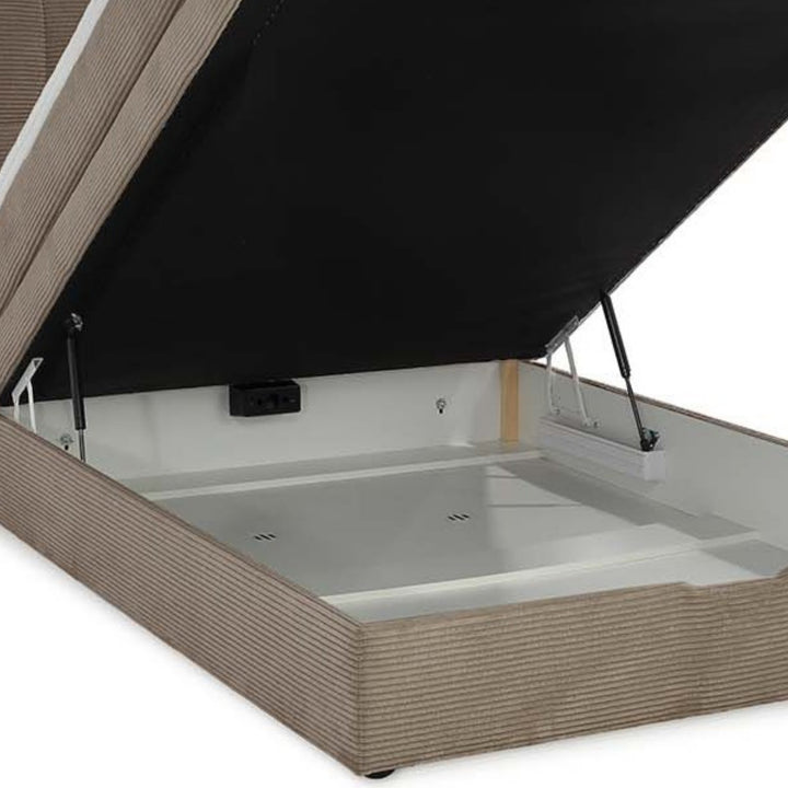 Boxspringbett 140x200 cm, 7-Zonen-Tonnentaschen-Federkernmatratze H3, Topper, Bonell-Federkern, großer Bettkasten, Cord Braun Taupe