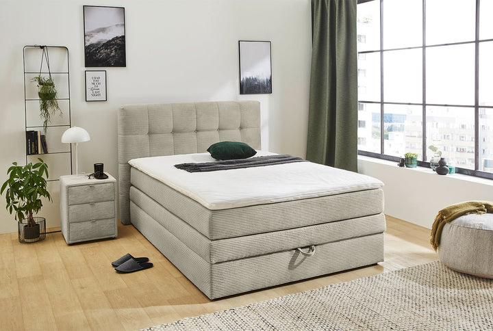 Boxspringbett 140x200 cm, 7-Zonen-Tonnentaschen-Federkernmatratze H3, Topper, Bonell-Federkern, großer Bettkasten, Cord Beige Grau