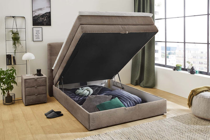 Boxspringbett 140x200 cm, 7-Zonen-Tonnentaschen-Federkernmatratze H3, Topper, Bonell-Federkern, großer Bettkasten, Cord Braun Taupe