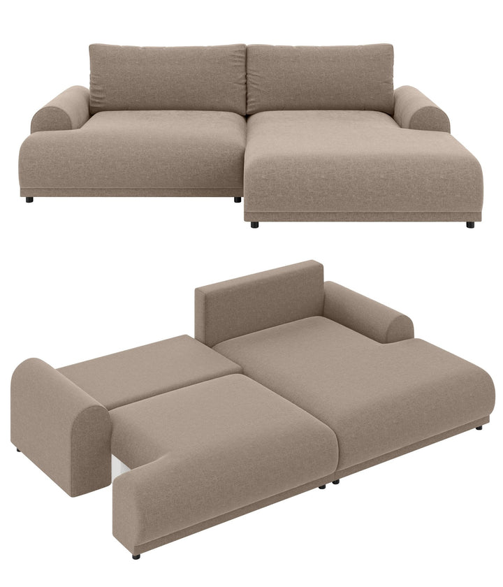 Ecksofa mit Schlaffunktion, Bettkasten, extrabreite Ottomane rechts, Chenille Hellbraun / 21021