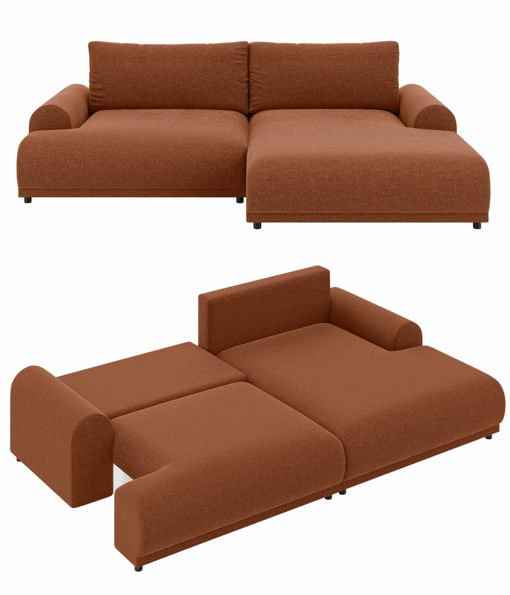 Ecksofa mit Schlaffunktion, Bettkasten, extrabreite Ottomane rechts, Chenille Terracotta / 21023