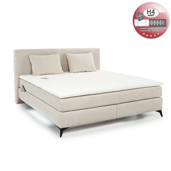 Boxspringbett 180x200 cm, 7-Zonen-Tonnentaschen-Federkernmatratzen H4, Topper, Bonell-Federkern, Beleuchtung, USB-Ladeports, Chenille Beige