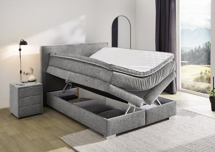 Boxspringbett 140x200 cm, 7-Zonen-Tonnentaschen-Federkernmatratze H4, Topper, Bonell-Federkern, 2 große Bettkästen, Chenille Grau